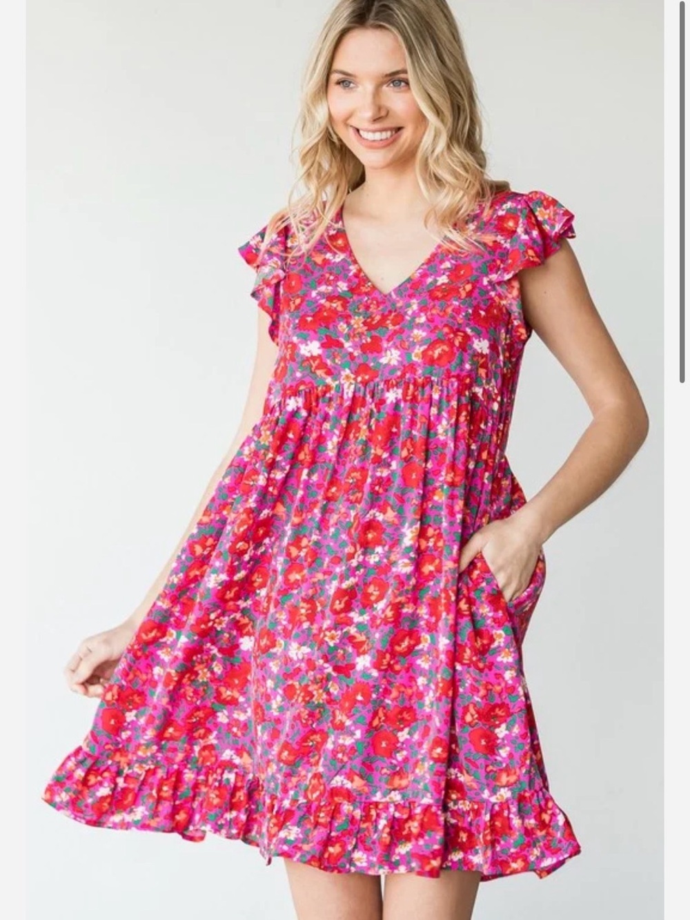 Jodiful Floral Pink V-Neck Ruffle Sleeve Dress